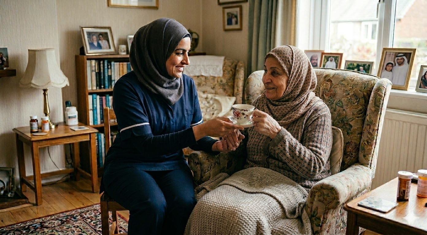 Suqoon caregiver helping elderly woman at home